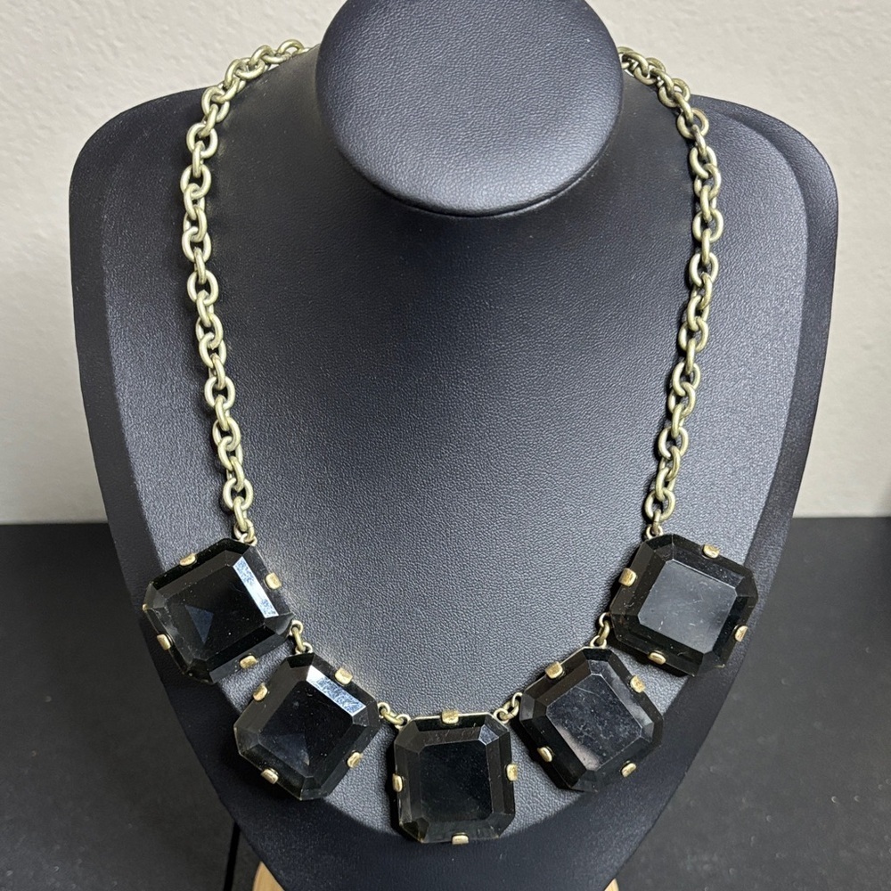 J. Crew Necklace Square Smoky Faceted Crystal Gems Bronze Tone Statement